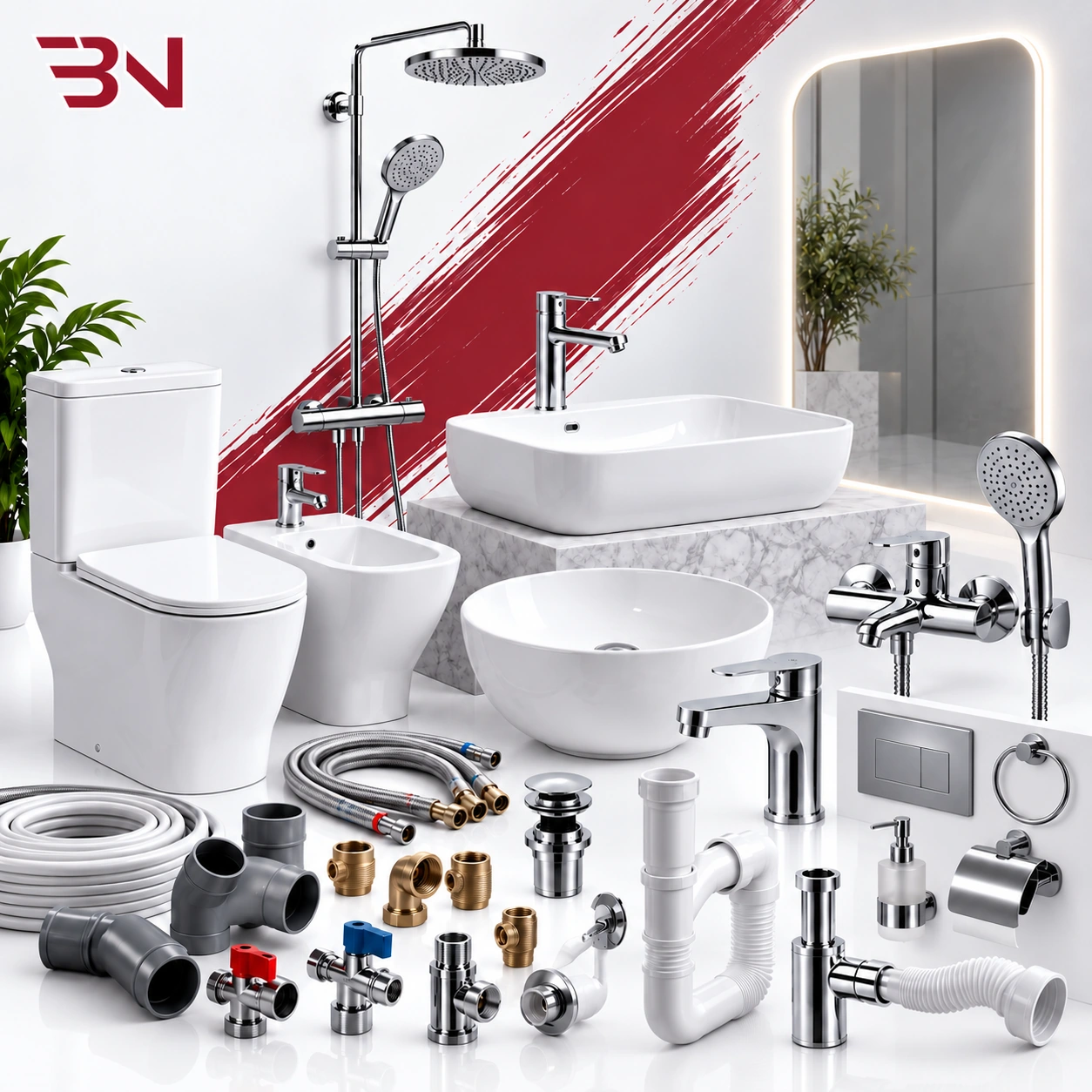 Basins, toilets, showers and plumbing accessories