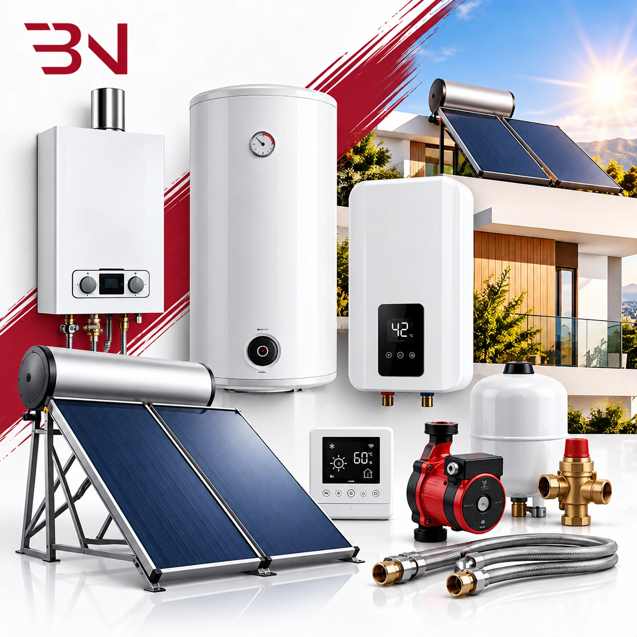 Electric, gas and solar water heaters